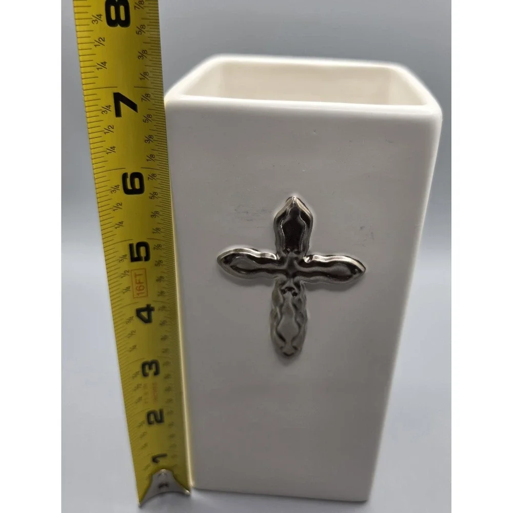 FTD Ceramic Cross Vase White Silver Religious Christian Floral Container 7